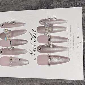(S)🎀Handmade Stiletto Style Rhinestone Press On Nails Blush Butterfly🦋